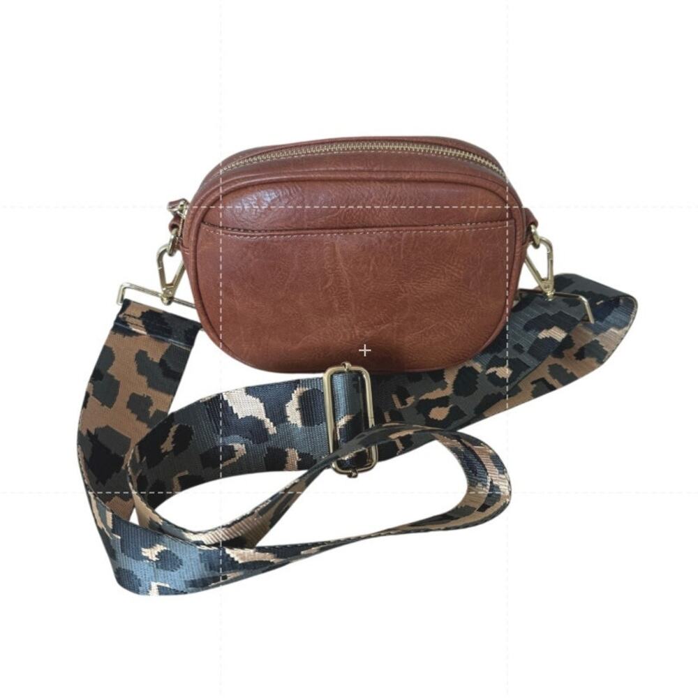 Shiraleah NWT Brown Vegan Leather Crossbody Bag w/ Removable Gray Leopard Strap